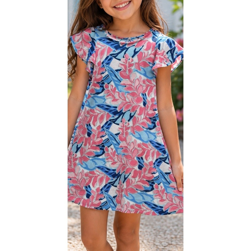 Pappagallo Girls M 6-8 Yrs Flutter Sleeve Swing Dress Tropical Beach Vacation